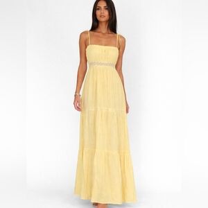 NWT Selfie Leslie Butter Yellow Tie-Strap Maxi Dress Cottagecore Lace Small S